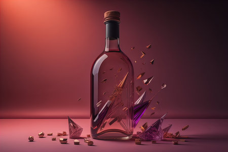 Bottle of wine with broken glass on pink background. generative aiの素材