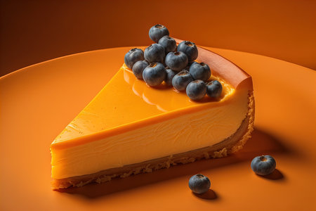 Piece of cheesecake with blueberries on orange background, closeup. generative aiの素材