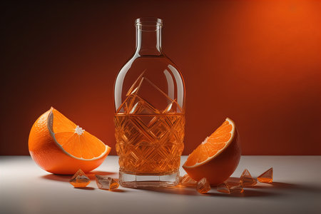 A bottle of orange brandy and two halves of an orange on a red background. generative aiの素材