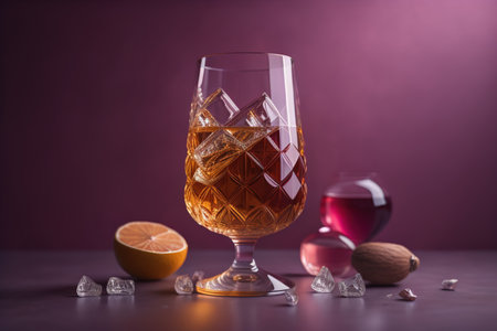 Cognac or brandy with ice cubes on a dark background. generative aiの素材