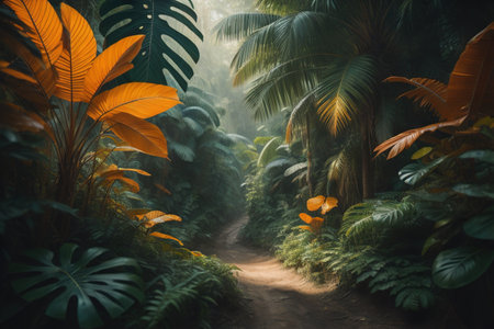 Tropical jungle path in the misty forest. generative aiの素材