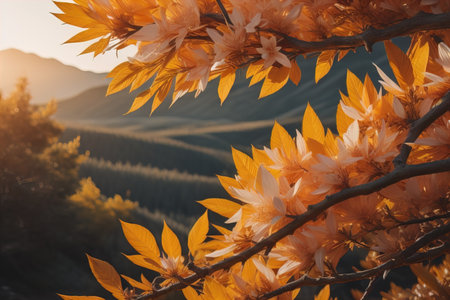 Beautiful blooming tree branch with yellow leaves on the background of the mountains. generative aiの素材