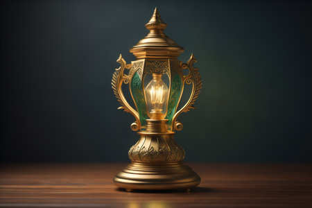 a golden lamp on a wooden table with dark background. generative aiの素材