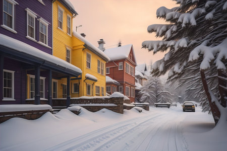 Beautiful colorful wooden houses in the snow on a cold winter day. generative aiの素材