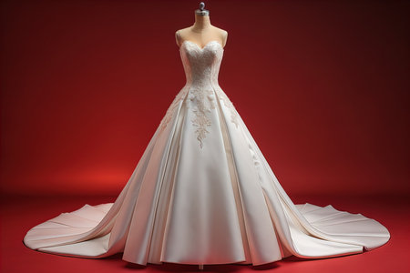 Wedding dress on a mannequin on a red background. generative aiの素材