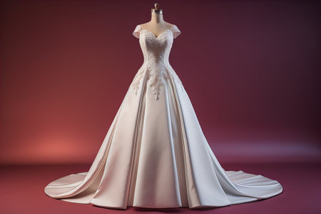 Wedding dress on a mannequin on a red background. generative aiの素材