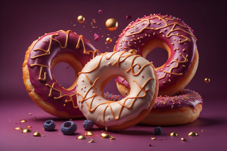 Donuts with chocolate glaze and sprinkles on a pink background. generative aiの素材