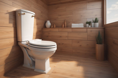 Interior of modern bathroom with wooden walls, tiled floor, comfortable white toilet bowl standing on it. generative aiの素材