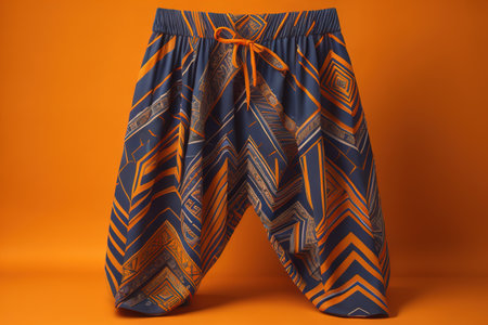 Beach pants on orange background. Summer fashion concept. Top view. generative aiの素材