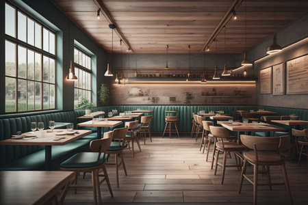 Interior of a modern cafe with green walls, wooden floor and rows of tables with chairs. generative aiの素材