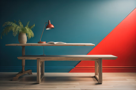 Interior of modern living room with wooden table and red and blue walls. generative aiの素材
