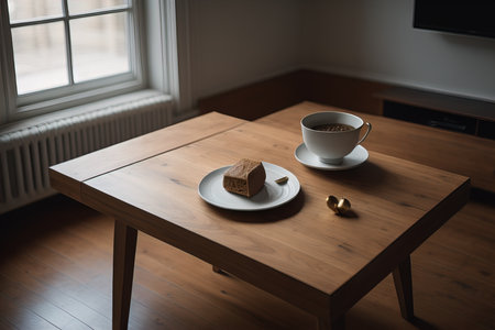 Cup of coffee on a wooden table in a modern living room. generative aiの素材