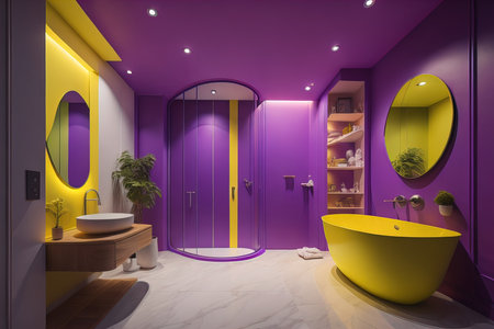 Interior of modern bathroom with purple and yellow walls, tiled floor, comfortable bathtub and mirror. generative aiの素材