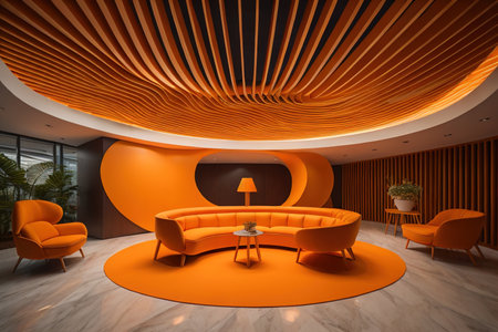 Interior of a modern office with orange reception desk and orange armchairs. generative aiの素材