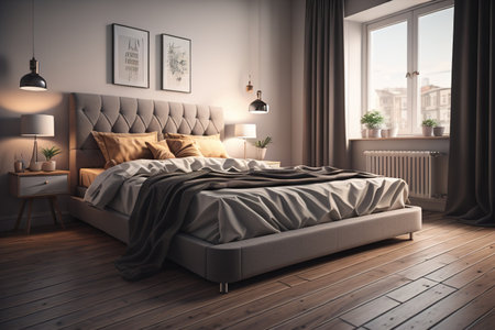 Modern bedroom interior design with wooden floor. generative aiの素材