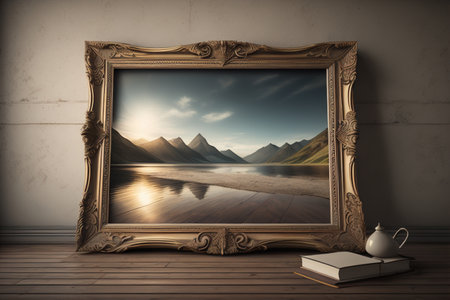 Vintage picture frame in interior with lake and mountains. generative aiの素材