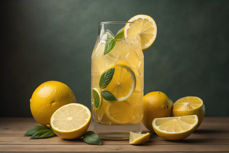 Glass of lemonade with fresh lemons and mint leaves on wooden table. generative aiの素材
