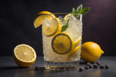 Cocktail with lemon, lime and mint on a black background. generative aiの素材