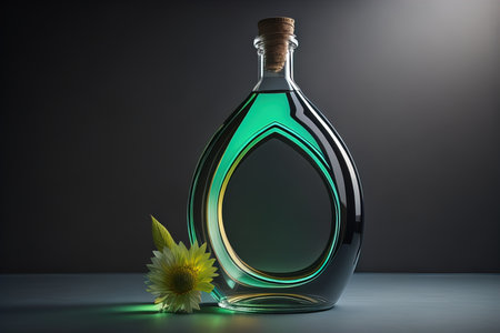 Bottle with green liquid and flower on black background. generative aiの素材