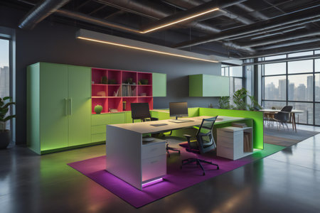 Interior of modern office with gray walls, concrete floor, green and purple computer tables with chairs and bookcases. generative aiの素材