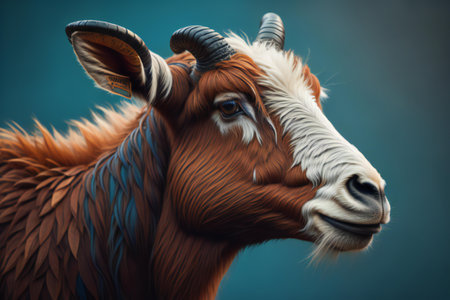 Portrait of a goat with horns on a dark blue background. generative aiの素材