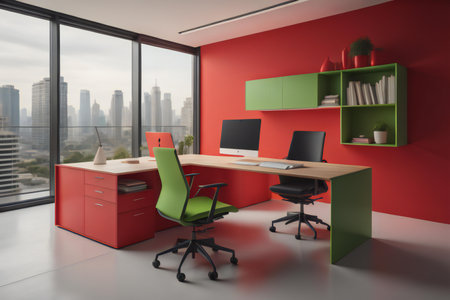 Red and green office interior with city view. generative aiの素材