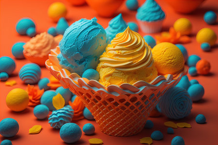 Ice cream in a waffle basket on a orange background. Blue and yellow ice cream. generative aiの素材