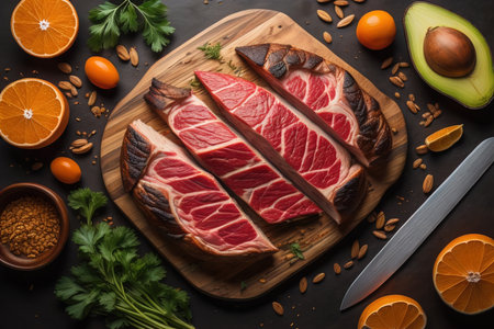 Raw beef steak on a cutting board with ingredients for cooking, top view. generative aiの素材
