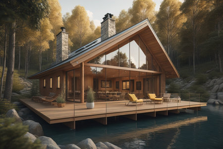 modern cozy chalet with pool and parking for sale or rent in forest. Massive timber beams columns. Clear sunny summer day by the lake. Massive timber beams columns. generative aiの素材