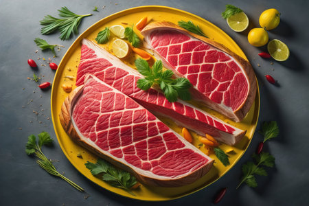 Raw fresh beef steak with herbs and spices on a yellow plate. generative aiの素材