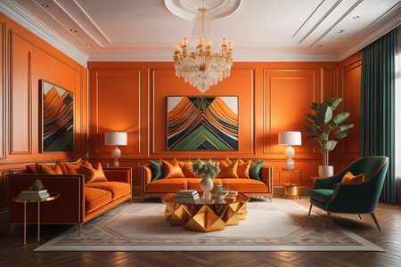 luxury classic living room with orange walls, carpeted floor, orange sofa and armchair. generative aiの素材