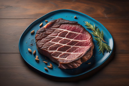 Sliced roast beef on a blue plate on a wooden table. generative aiの素材