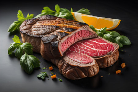Slices of roast beef with herbs on a black background. generative aiの素材