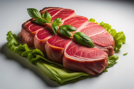 Slices of smoked tuna on a white background with basil leaves. generative aiの素材