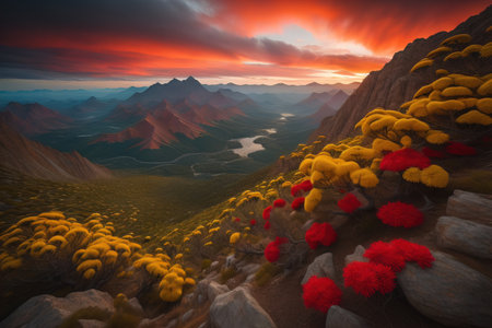 Fantasy landscape with mountains and lake at sunset. generative aiの素材