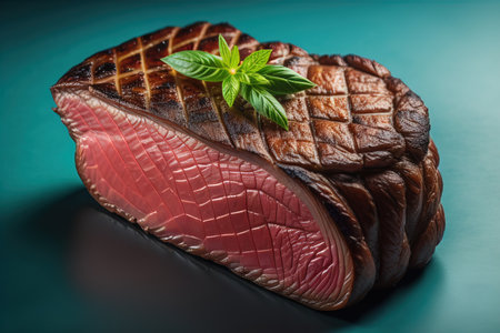 Grilled beef steak with herbs on a blue background. Toned. generative aiの素材