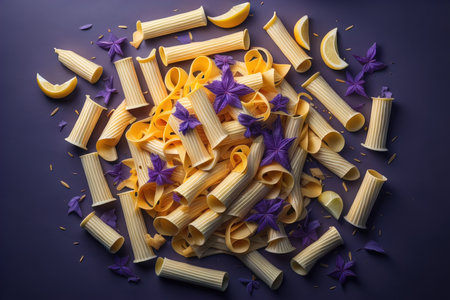 Pasta with purple flowers on a dark background. Top view. generative aiの素材
