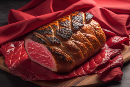 Smoked ham on a cutting board with red cloth. Black background. generative aiの素材