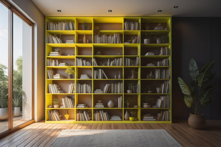 Yellow bookshelves with books in modern interior. generative aiの素材