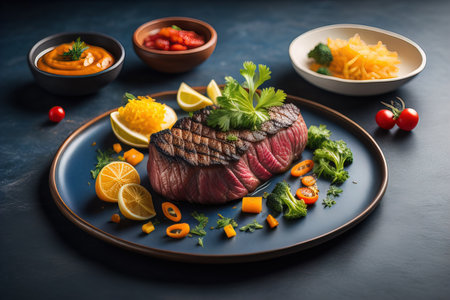 Grilled beef steak with vegetables and sauce on a dark background. generative aiの素材
