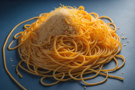 close up of a pile of spaghetti pasta on a dark blue background. generative aiの素材