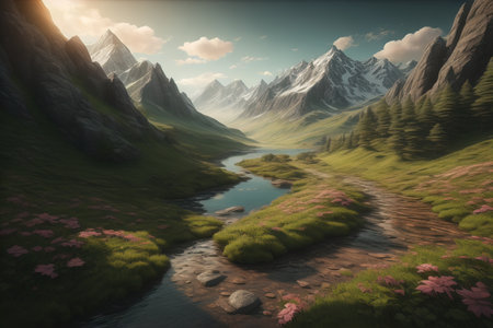Beautiful spring landscape with mountain lake and pink flowers. generative aiの素材