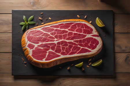 Sliced raw beef steak with spices on a wooden background. generative aiの素材