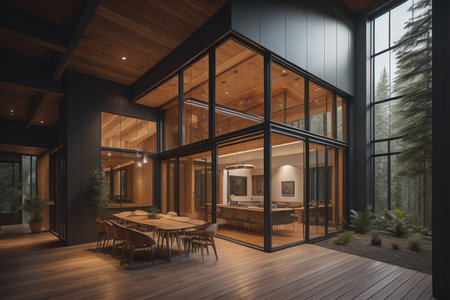 Interior of a modern restaurant with wooden walls and wooden floor. generative aiの素材