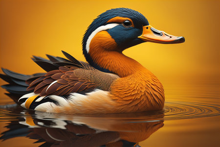 Mandarin duck on the water, orange background, generative aiの素材