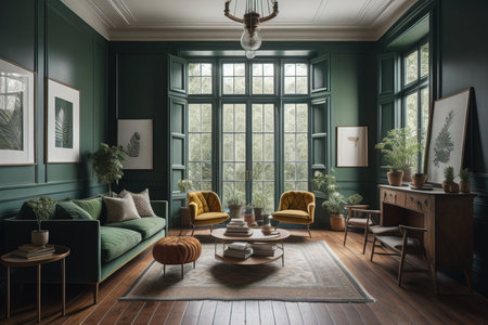 Luxury living room interior with green walls, wooden floor, green sofa and armchairs. generative aiの素材
