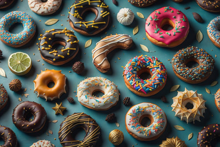 Colorful donuts on blue background. Top view, flat lay. generative aiの素材