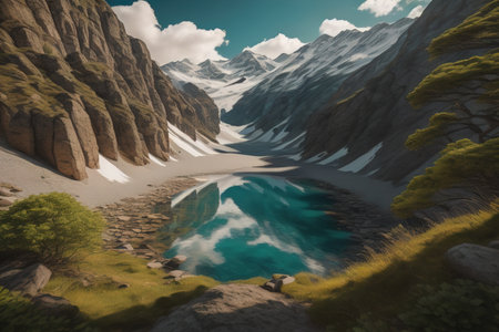 Fantasy landscape with lake and mountains. generative aiの素材
