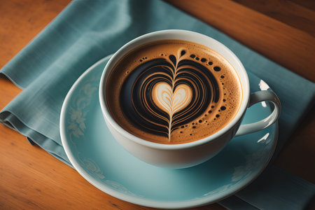 Coffee cup with heart shape latte art on wooden table. generative aiの素材
