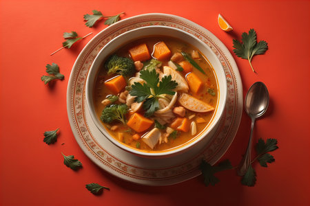 Vegetable soup with tofu, carrot and parsley on red background. generative aiの素材
